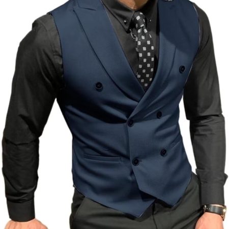 Men's Double Breasted Suit Vests Casual Business Vests Slim Fit Waistcoatfor Wedding Groom Dating