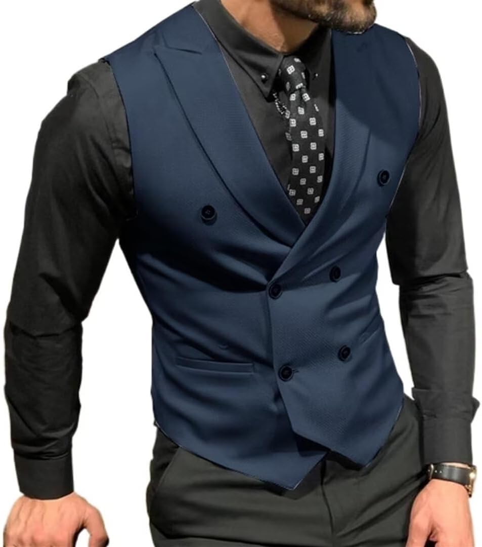 Men's Double Breasted Suit Vests Casual Business Vests Slim Fit Waistcoatfor Wedding Groom Dating