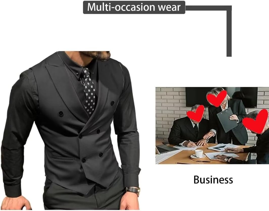 Men's Double Breasted Suit Vests Casual Business Vests Slim Fit Waistcoatfor Wedding Groom Dating - Image 2
