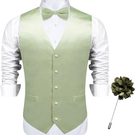 Mens Satin Vest and Bowtie Lapel Pin Set for Suit or Tuxedo,Solid Dress Waistcoat & Pre-tied Bowtie for Wedding Party