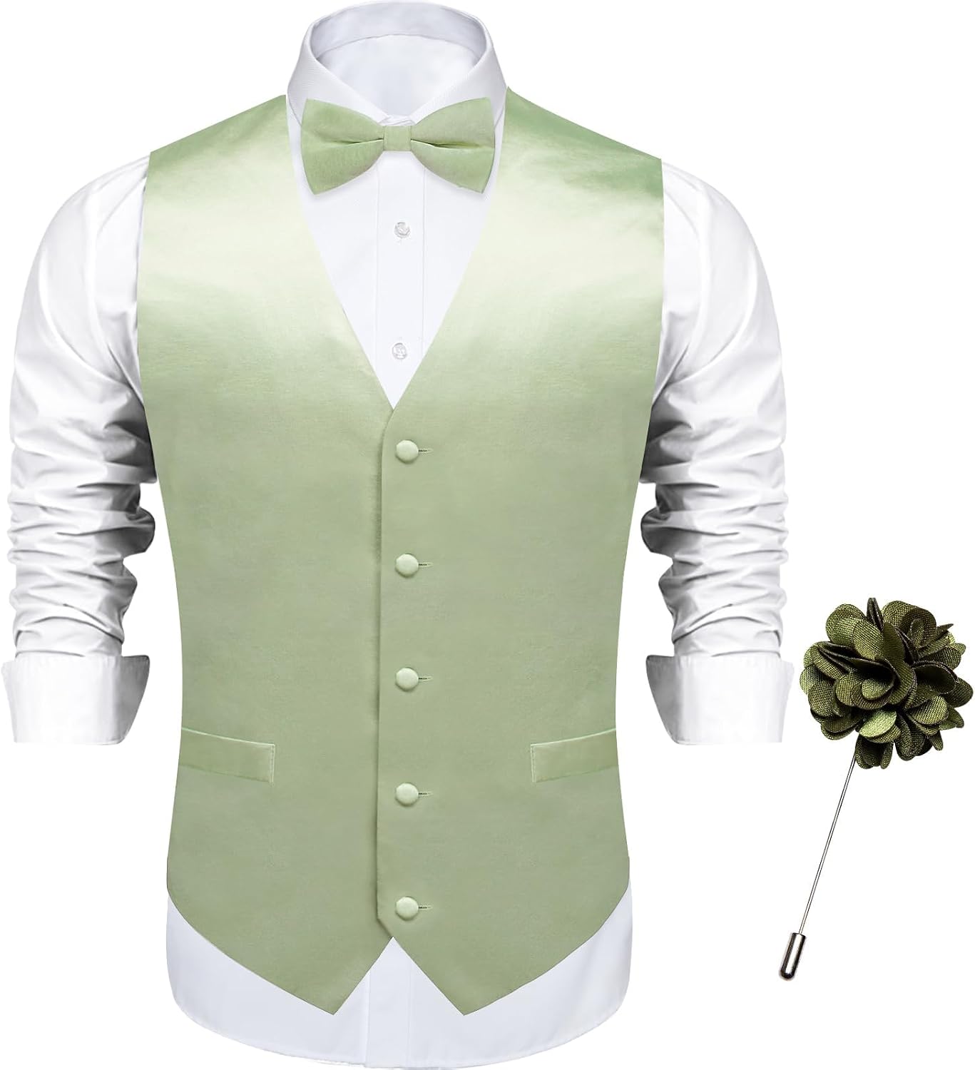 Mens Satin Vest and Bowtie Lapel Pin Set for Suit or Tuxedo,Solid Dress Waistcoat & Pre-tied Bowtie for Wedding Party