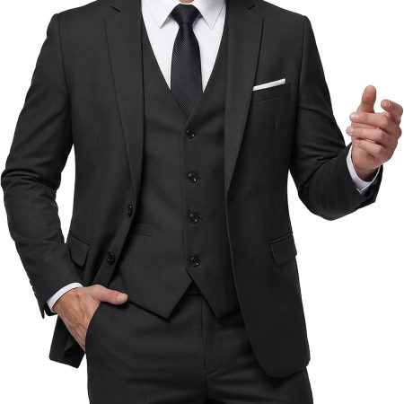 Men's 3 Piece Slim Fit Suit Set with Tie, 2 Button Blazer Jacket Vest & Pants, Business Wedding Party Prom Suit for Men
