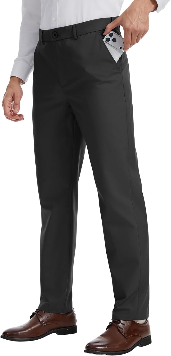 Men's 32/34/36/38 Inseam Tall Classic Fit Dress Pants Expandable-Waist Flex Flat Front Formal Pants - Image 2