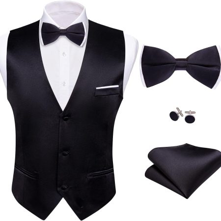 Mens Suit Vest Bow Tie Set 4PCS Formal V-neck Slim Fit Casual Solid Color Waistcoat Wedding Party Tuxedo
