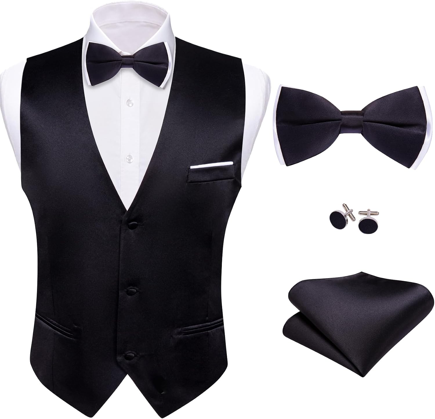 Mens Suit Vest Bow Tie Set 4PCS Formal V-neck Slim Fit Casual Solid Color Waistcoat Wedding Party Tuxedo