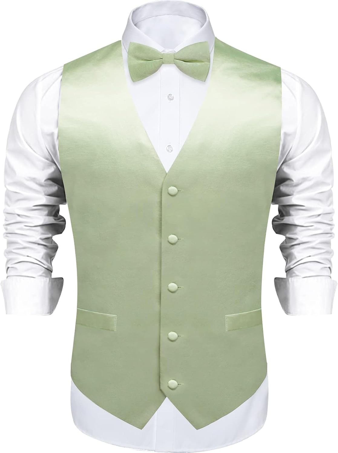 Mens Satin Vest and Bowtie Lapel Pin Set for Suit or Tuxedo,Solid Dress Waistcoat & Pre-tied Bowtie for Wedding Party - Image 2