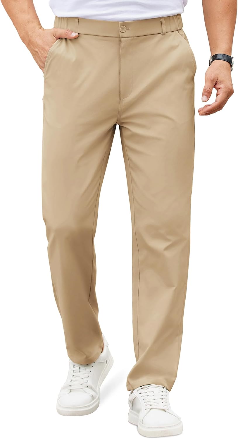 Mens Casual Chino Pants Elastic Waist Lightweight Trousers Classic-Fit Business Dress Pants with Pockets - Image 2