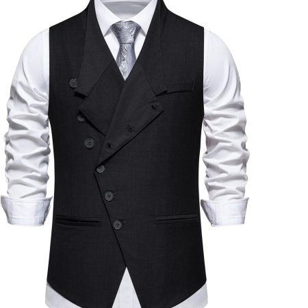 Men's Double Breasted Business Wedding Vests Dress Waistcoat 10 Buttons Closure V-Neck Suit Vest Slim Fit Plus Size