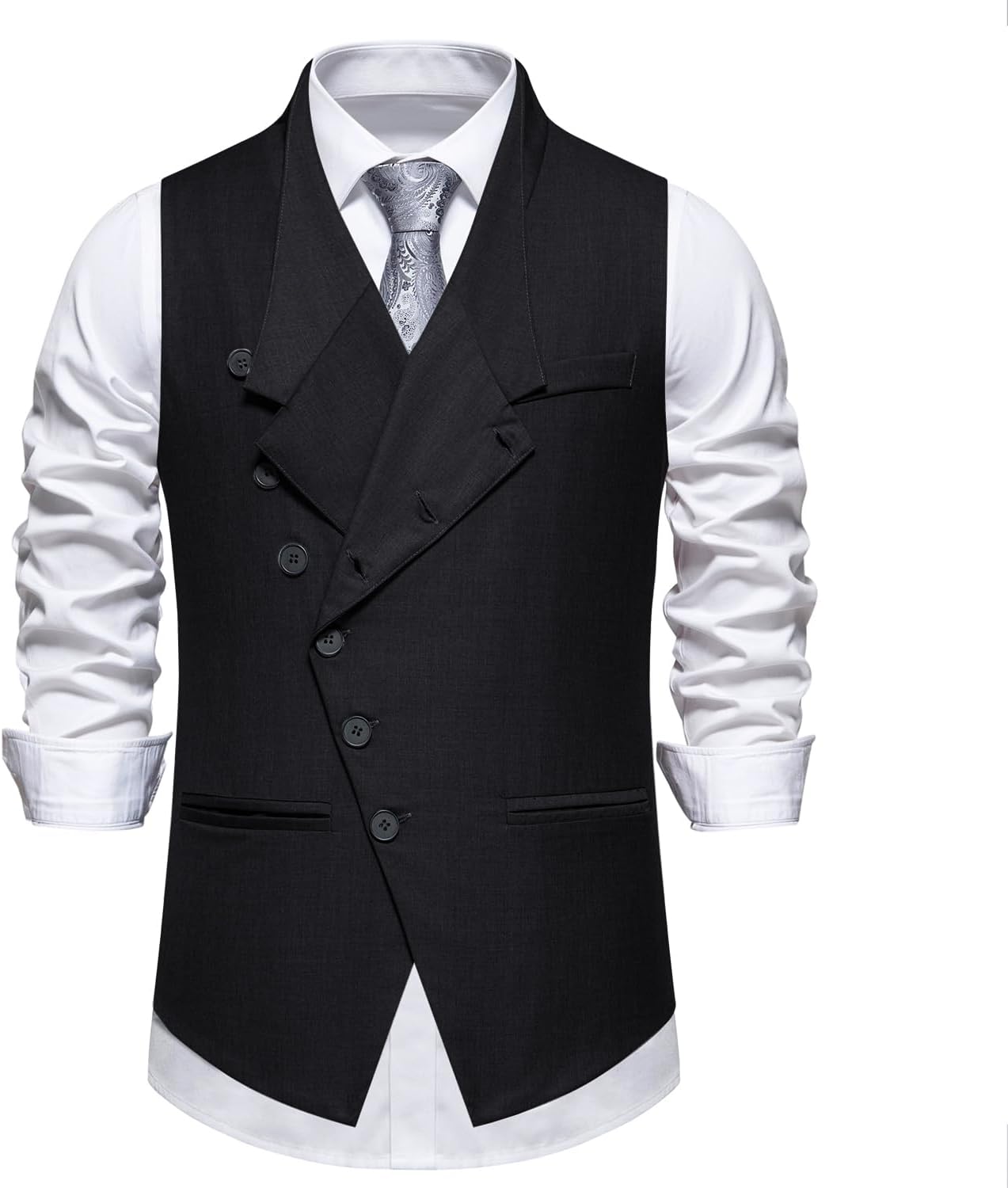 Men's Double Breasted Business Wedding Vests Dress Waistcoat 10 Buttons Closure V-Neck Suit Vest Slim Fit Plus Size