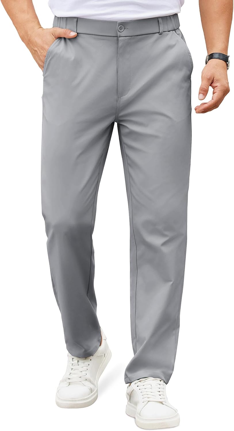 Mens Casual Chino Pants Elastic Waist Lightweight Trousers Classic-Fit Business Dress Pants with Pockets