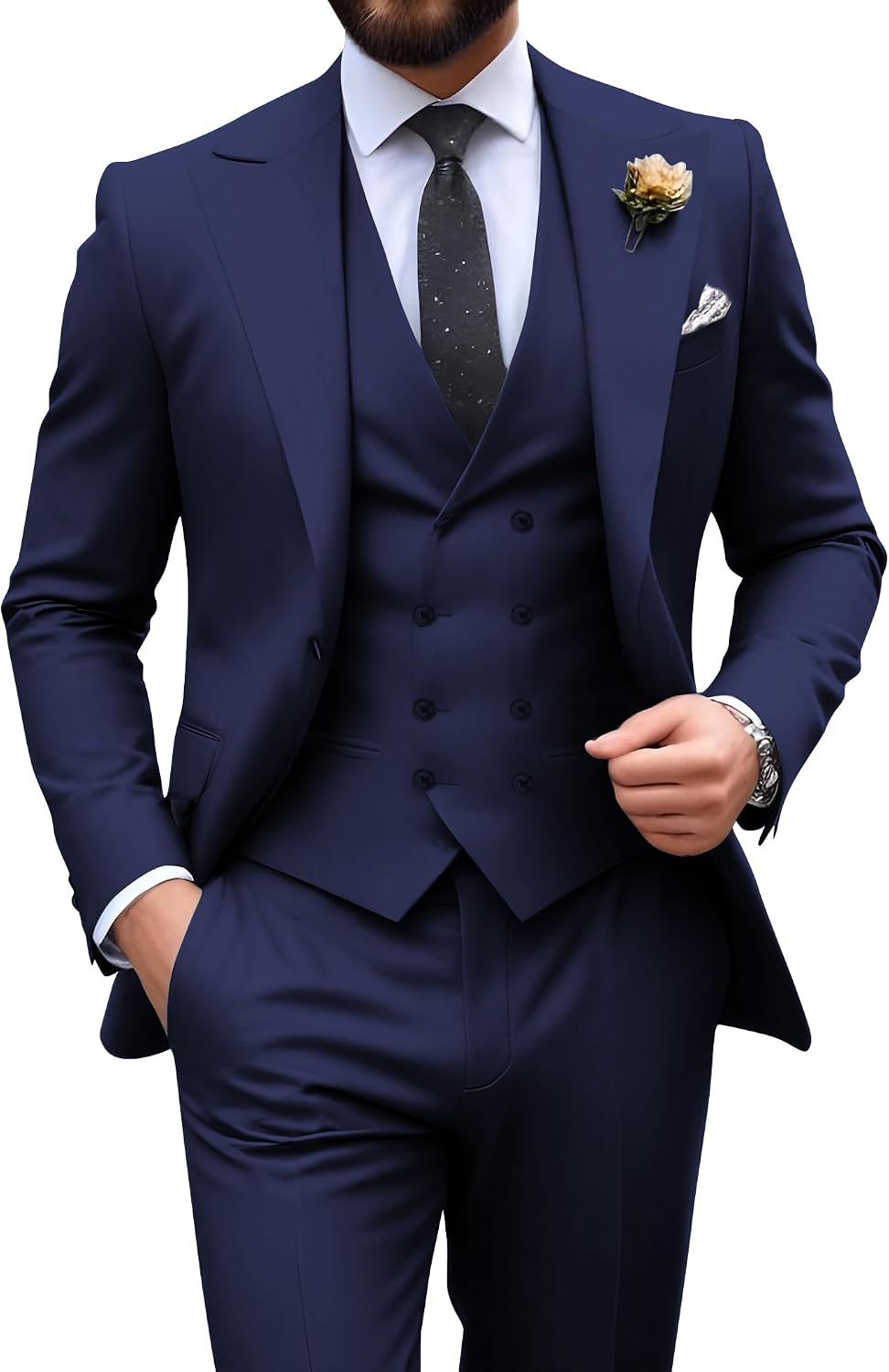 Mens Suit Slim Fit 3 Piece Double Breasted Suit Men Formal Tuxedo Set Casual Wedding Prom Groom Suits