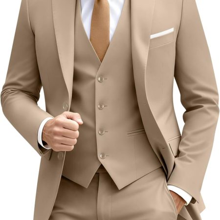 Mens Suit Solid Two Button Slim Fit Suit Set for Wedding Formal Business Suit Men 3 Piece Suit Blazer Vest Pants Set
