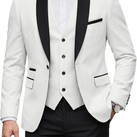 Men's 3 Piece Tuxedo Set with Bow Tie, Slim Fit One Button Shawl Lapel Suit Blazer Vest Pants, for Wedding Prom Dinners