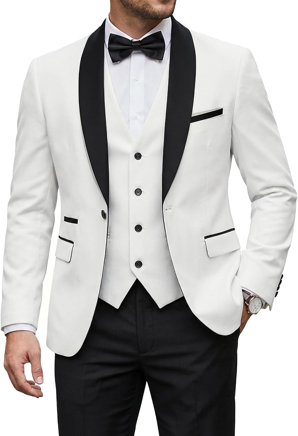 Men's 3 Piece Tuxedo Set with Bow Tie, Slim Fit One Button Shawl Lapel Suit Blazer Vest Pants, for Wedding Prom Dinners