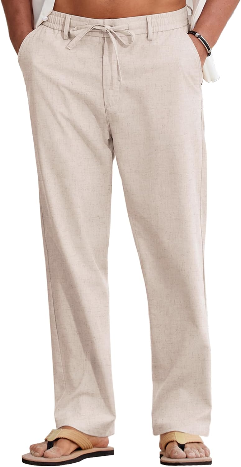 Mens Cotton Linen Pants Casual Drawstring Summer Beach Pants Lightweight Linen Dress Trousers