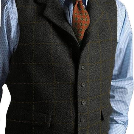 Mens Casual Plaid Suit Vest Tweed Slim Fit Waistcoat for Wedding Groomsmen