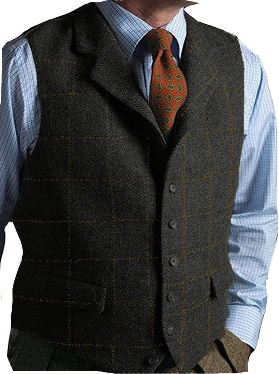 Mens Casual Plaid Suit Vest Tweed Slim Fit Waistcoat for Wedding Groomsmen