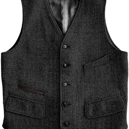Mens Vintage Classic Herringbone Pattern Suit Vest V Neck Casual Wool Blend Waistcoat for Men