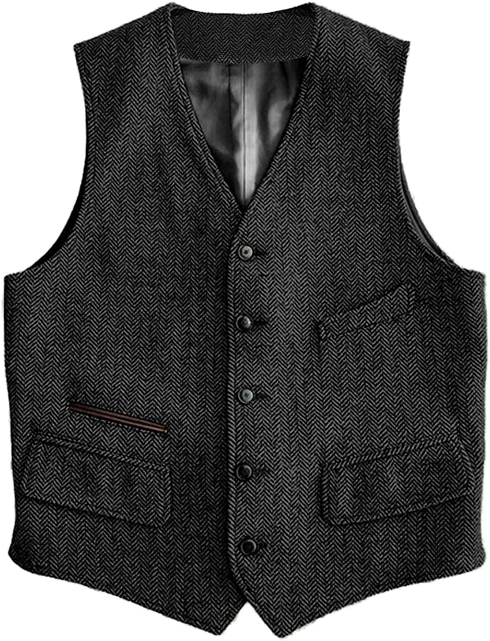 Mens Vintage Classic Herringbone Pattern Suit Vest V Neck Casual Wool Blend Waistcoat for Men