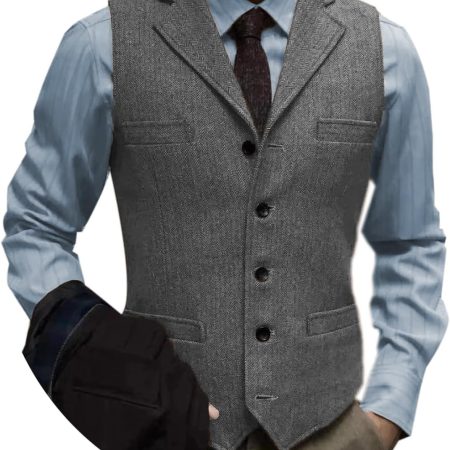 Men's Tweed Suit Vintage Vest Herringbone Wool Prom Waistcoat Groomsmen