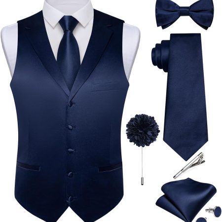 Formal Suit Vest Tie Set for Men Classic Solid Notch Lapel Dress Waistcoat Satin Vest Bowtie for Wedding Party
