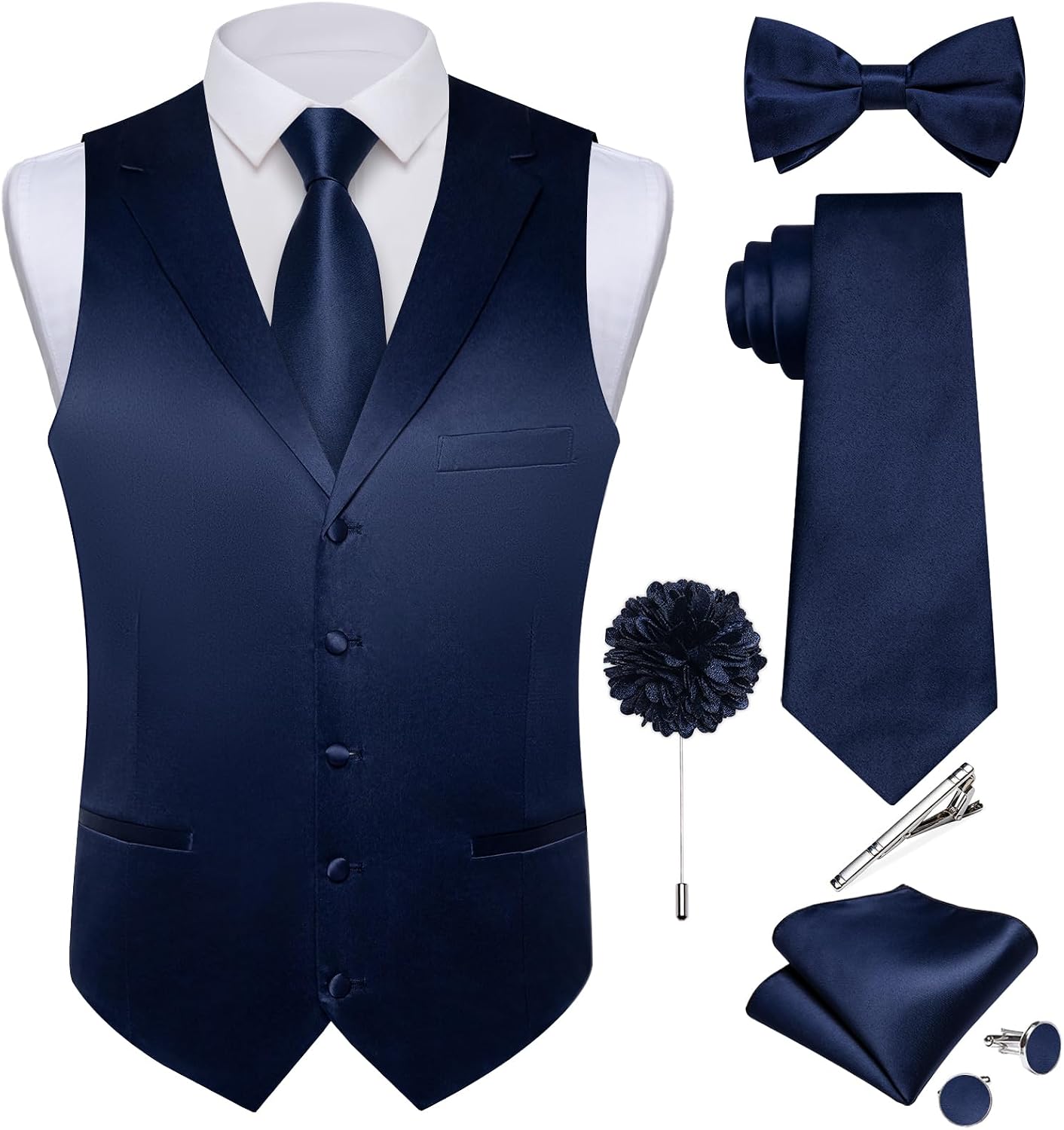 Formal Suit Vest Tie Set for Men Classic Solid Notch Lapel Dress Waistcoat Satin Vest Bowtie for Wedding Party