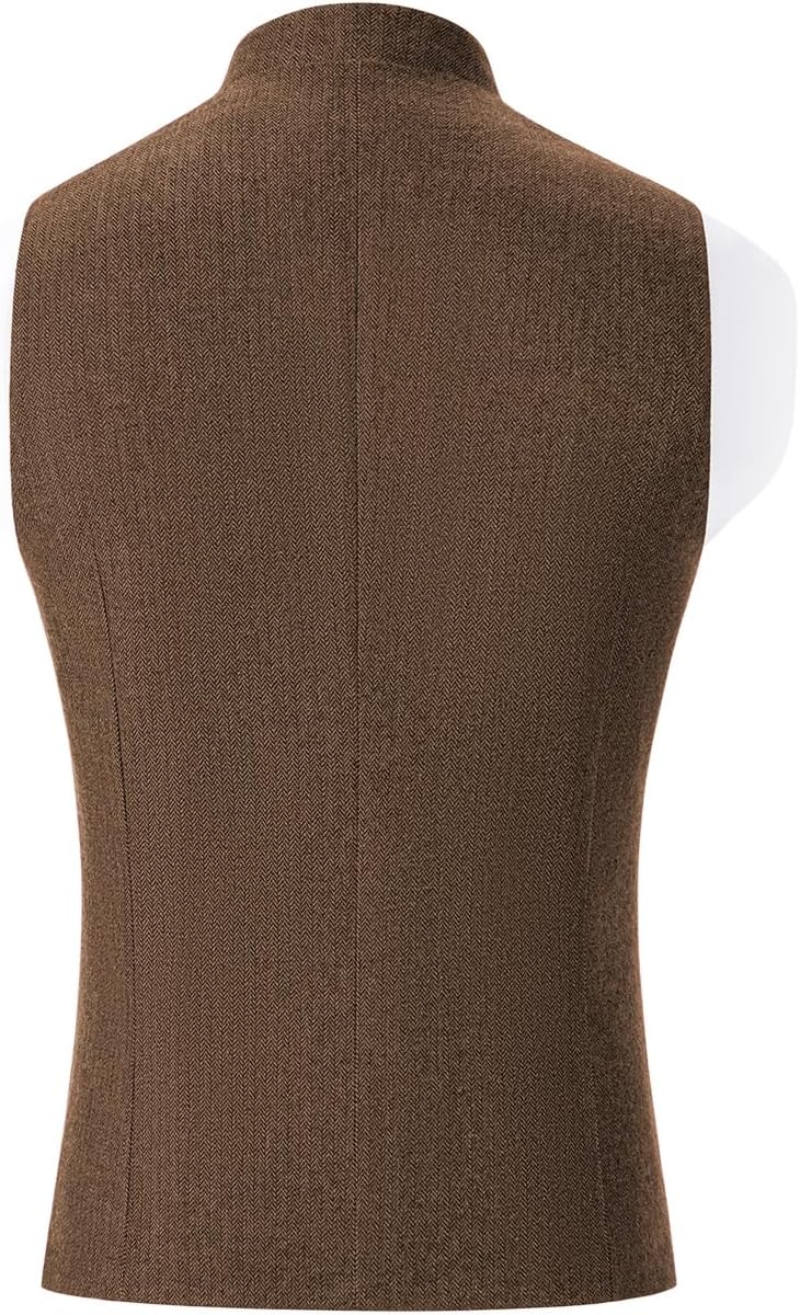 Mens Herringbone Wool Vests Suit Business Tweed High Collar Waistcoats Slim Fit - Image 2