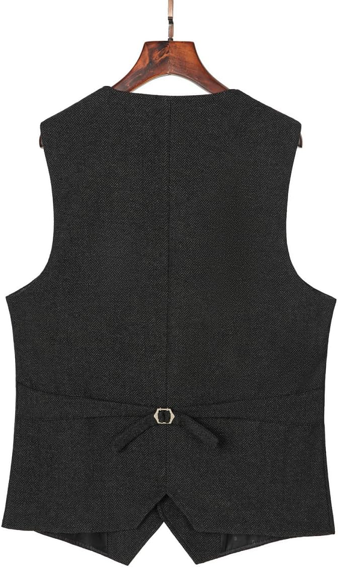Mens Vintage Classic Herringbone Pattern Suit Vest V Neck Casual Wool Blend Waistcoat for Men - Image 2
