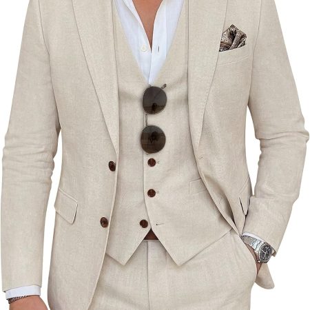 Men's Suit 3 Piece Linen Suits Slim Fit Suit Blazer Vest Pants Set Wedding Prom Tuxedos Business Casual Suit
