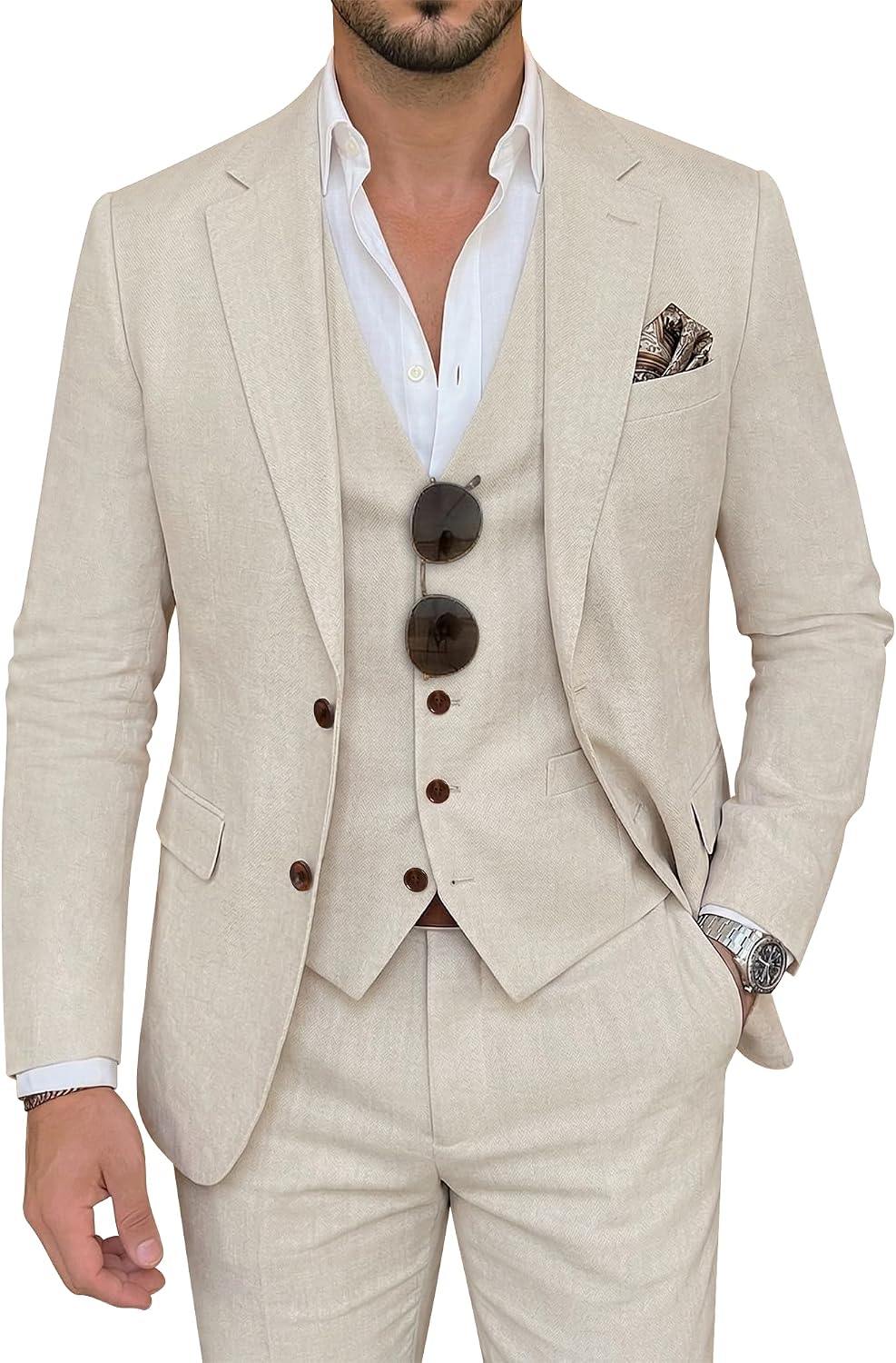 Men's Suit 3 Piece Linen Suits Slim Fit Suit Blazer Vest Pants Set Wedding Prom Tuxedos Business Casual Suit