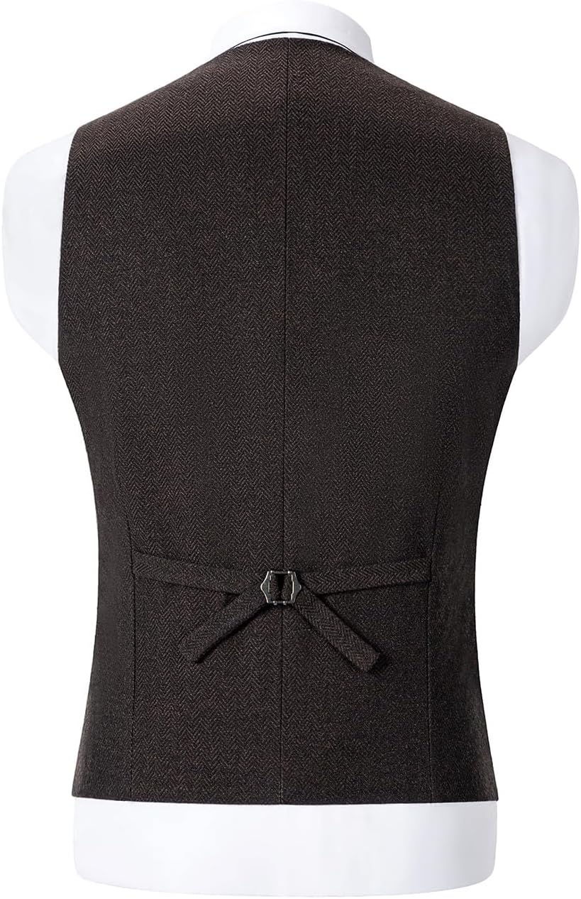 Mens Vintage Tweed Suit Vest V Neck Casual Wool Waistcoat for Wedding Groomsmen - Image 2