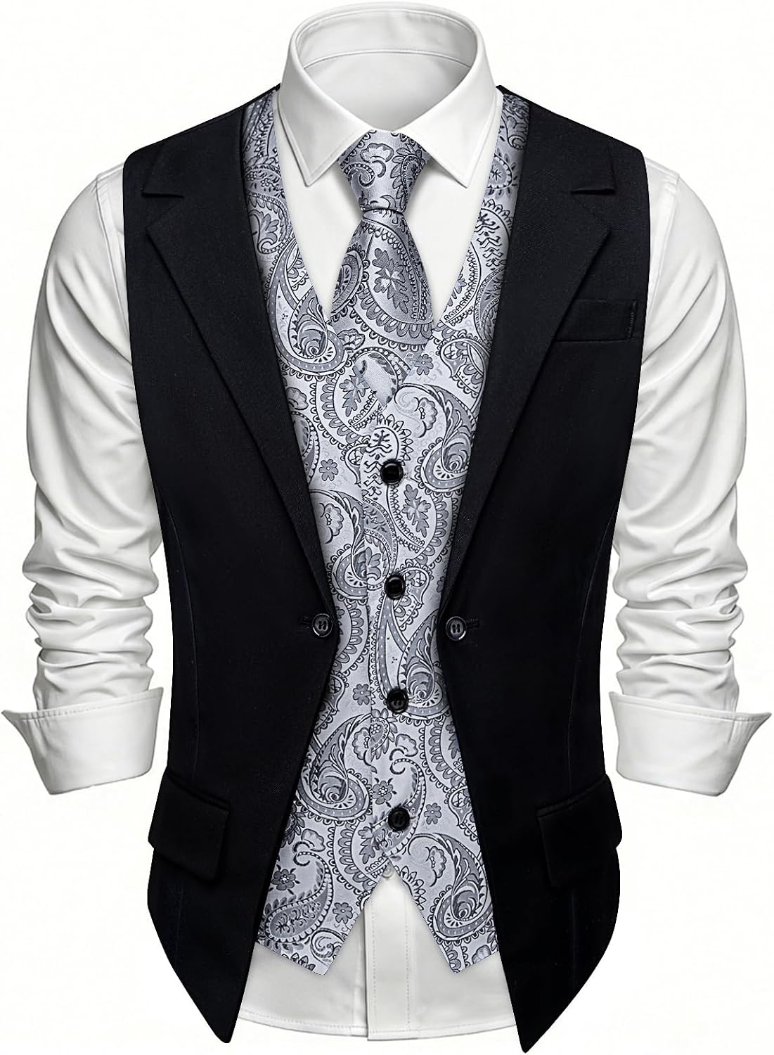 Men's Layered Suit Vest and Tie Set Formal Silk Paisley Vests Business Dress Waistcoat Wedding Party Tuxedo 6PCS - Image 2