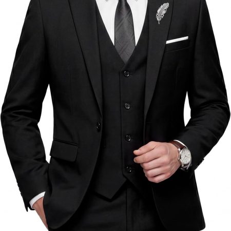 Men's Slim Fit 3 Piece Suit, One Button Solid Blazer Business Party Jacket Vest Pants Set