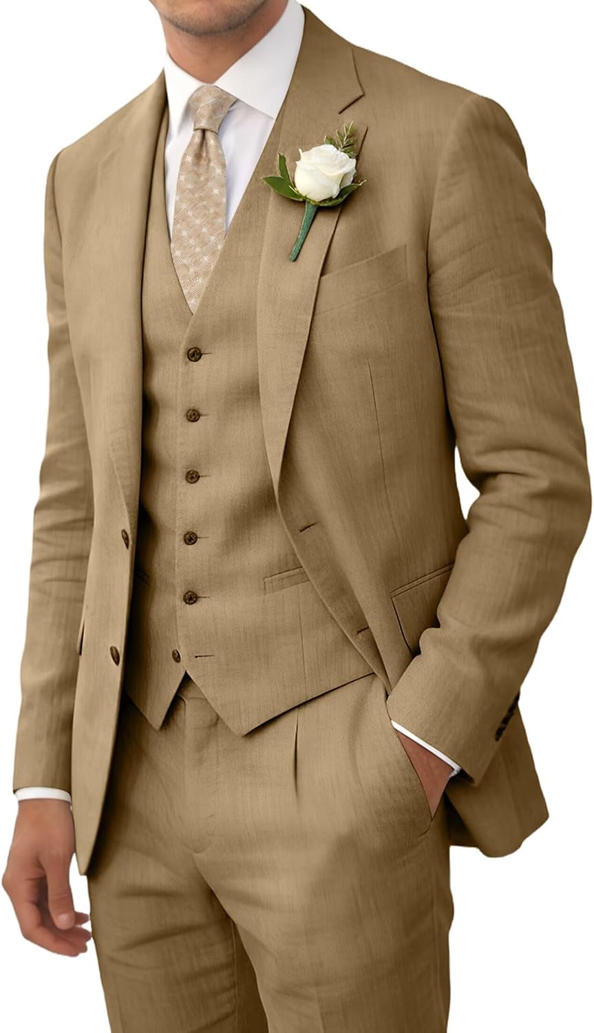 Retro Linen Men Suits Beach Wedding Suit Summer Slim Fit 3 Pieces Light Weight Breathable Jacket Vest Pant Tuxedo