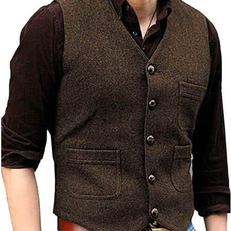 Mens Vintage Tweed Suit Vest V Neck Casual Wool Waistcoat for Wedding Groomsmen