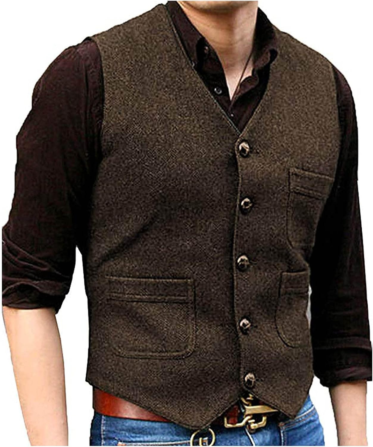 Mens Vintage Tweed Suit Vest V Neck Casual Wool Waistcoat for Wedding Groomsmen
