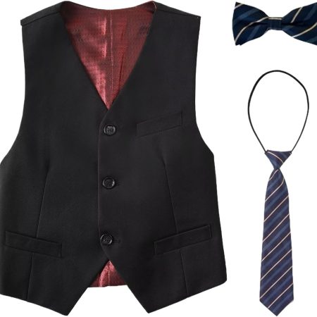 Boy's Suit Vest with Bowtie and Tie Kids Formal Suits Vest for Boy Adjustable Back Strap Vest Set Size 5-16 Years