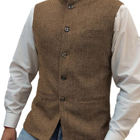 Mens Herringbone Wool Vests Suit Business Tweed High Collar Waistcoats Slim Fit