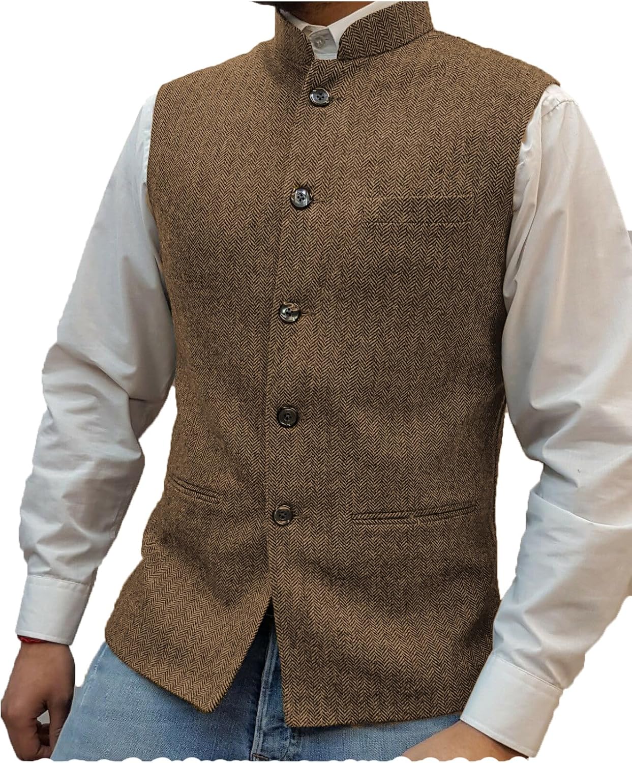 Mens Herringbone Wool Vests Suit Business Tweed High Collar Waistcoats Slim Fit