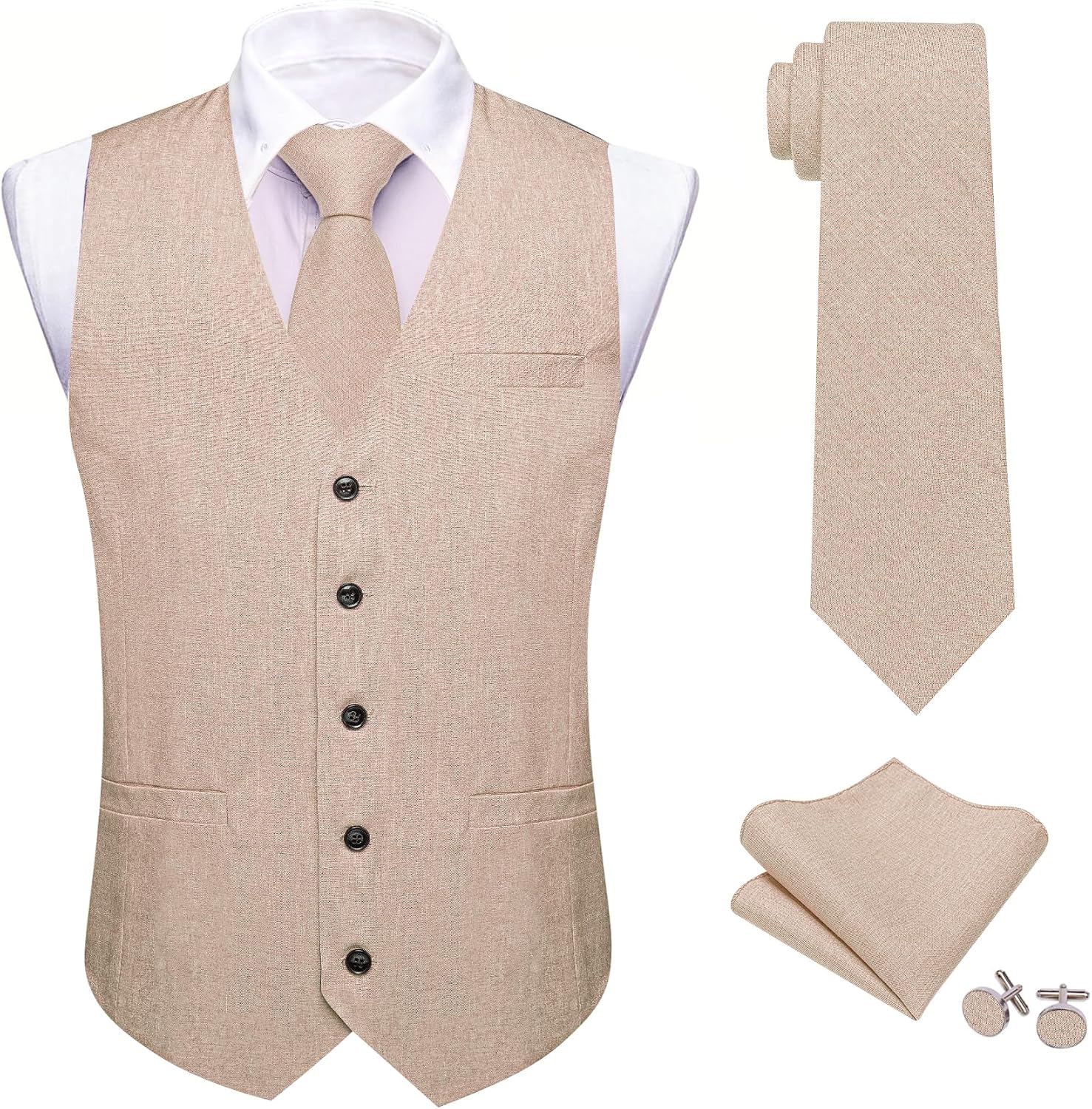 Mens Suit Vest Tie Set Linen V-neck Waistcoat Clip Hanky Cufflinks Vintage Tuxedo Casual Wedding Business 5PCS - Image 2