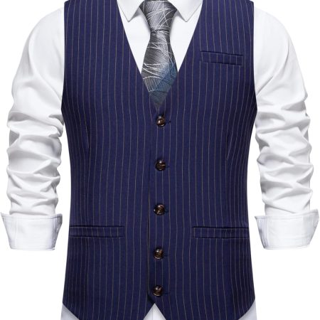 Mens Suit Vest Formal Casual Dress Vest with 3 Pockets Business Wedding Pinstripe Tuxedo Waistcoat Vest for Men