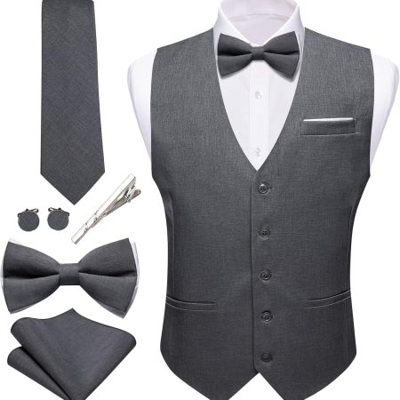 Mens Suit Vest Linen Formal/Casual V-neck Waistcoat Tie Bow Tie Set Solid Color 6PC Wedding Party Tuxedo