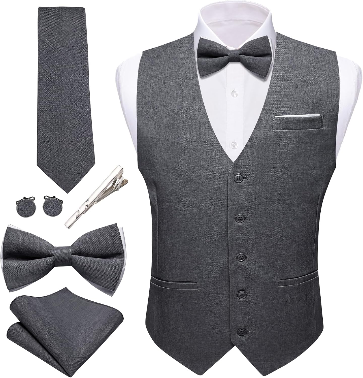 Mens Suit Vest Linen Formal/Casual V-neck Waistcoat Tie Bow Tie Set Solid Color 6PC Wedding Party Tuxedo