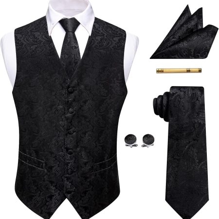 Mens Victorian Vest Tie Set Silk Paisley Suit Vests Formal Waistcoat Gothic Steampunk Vest with Notched Lapels