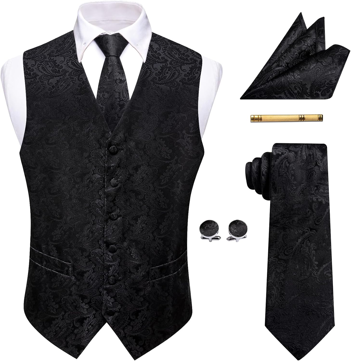 Mens Victorian Vest Tie Set Silk Paisley Suit Vests Formal Waistcoat Gothic Steampunk Vest with Notched Lapels