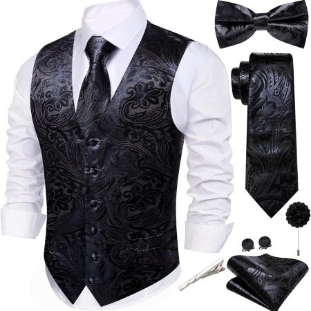 Mens Vest Tie BowTie Set Shiny Floral Suit Vests Necktie Cufflinks Hanky Formal Waistcoat Wedding Party Disco 7PCS