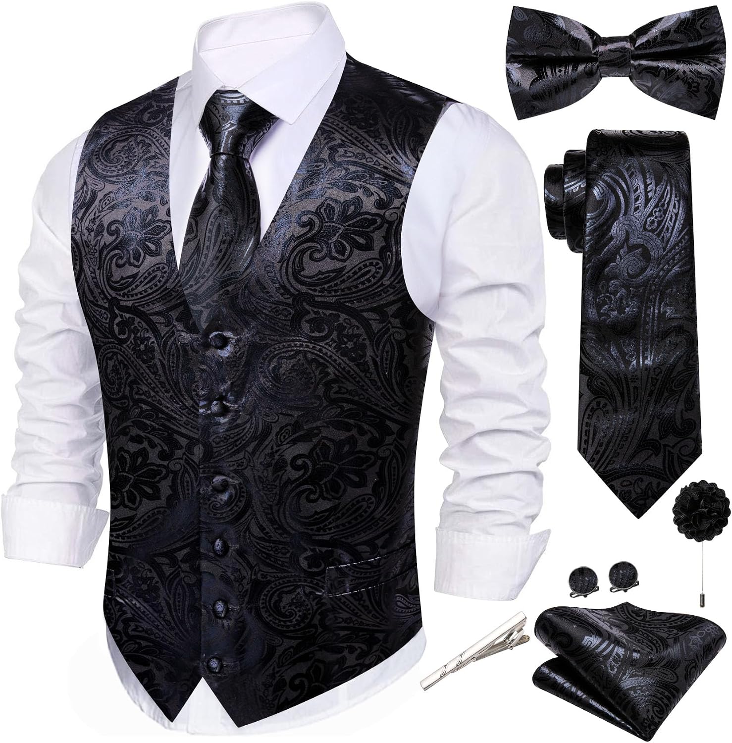 Mens Vest Tie BowTie Set Shiny Floral Suit Vests Necktie Cufflinks Hanky Formal Waistcoat Wedding Party Disco 7PCS