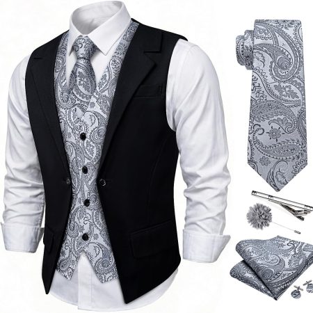 Men's Layered Suit Vest and Tie Set Formal Silk Paisley Vests Business Dress Waistcoat Wedding Party Tuxedo 6PCS