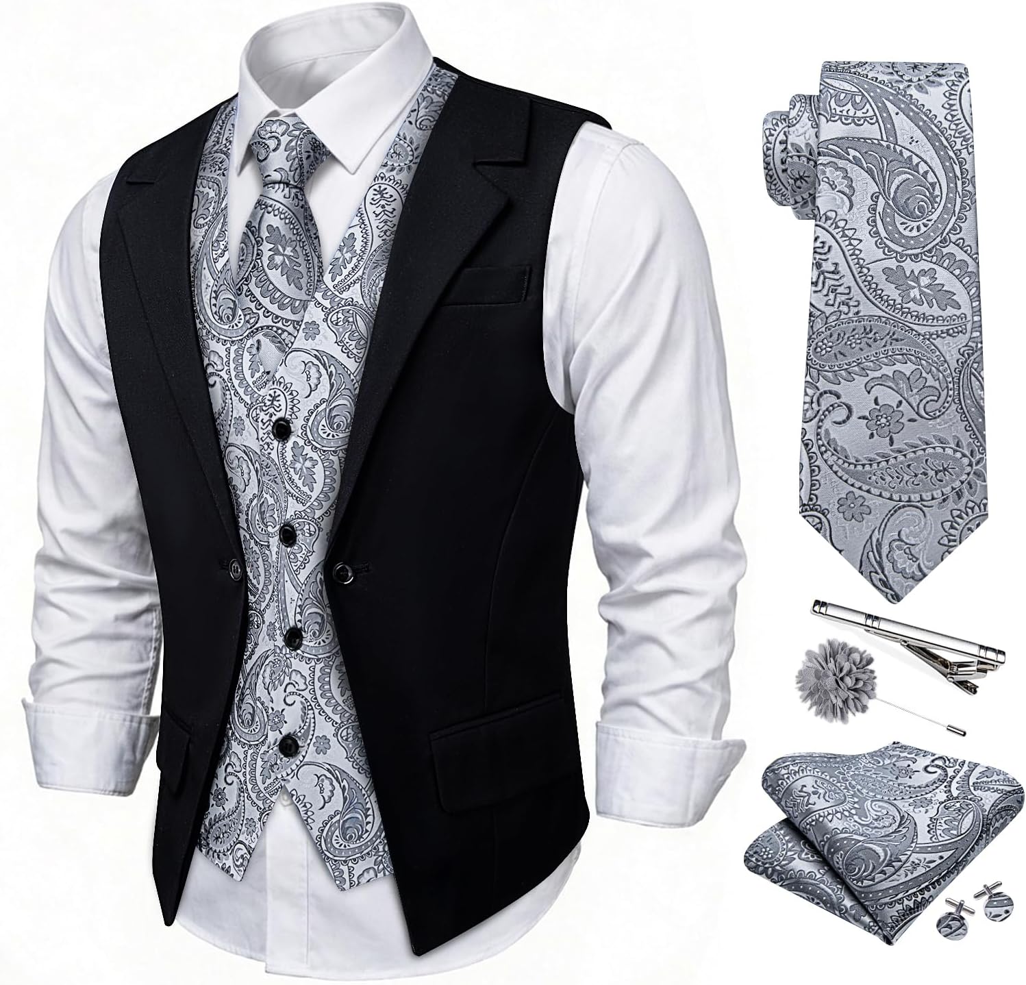 Men's Layered Suit Vest and Tie Set Formal Silk Paisley Vests Business Dress Waistcoat Wedding Party Tuxedo 6PCS