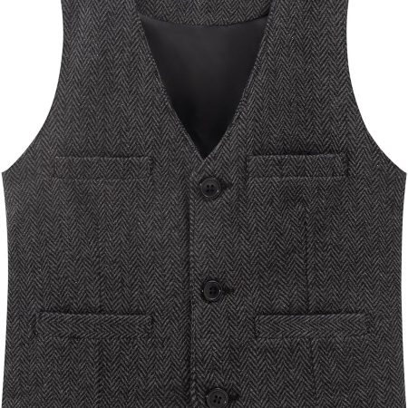 Boys' Herringbone Tweed Wool Suit Vest Formal Wedding Waistcoat with 4 Pockets